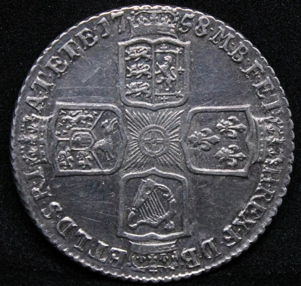 1758 Shilling, George II Silver Coin .