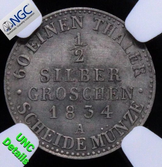 1/2 Silbergroschen 1934-A. Wilhelm III, Prussia. KM-409. NGC UNC details