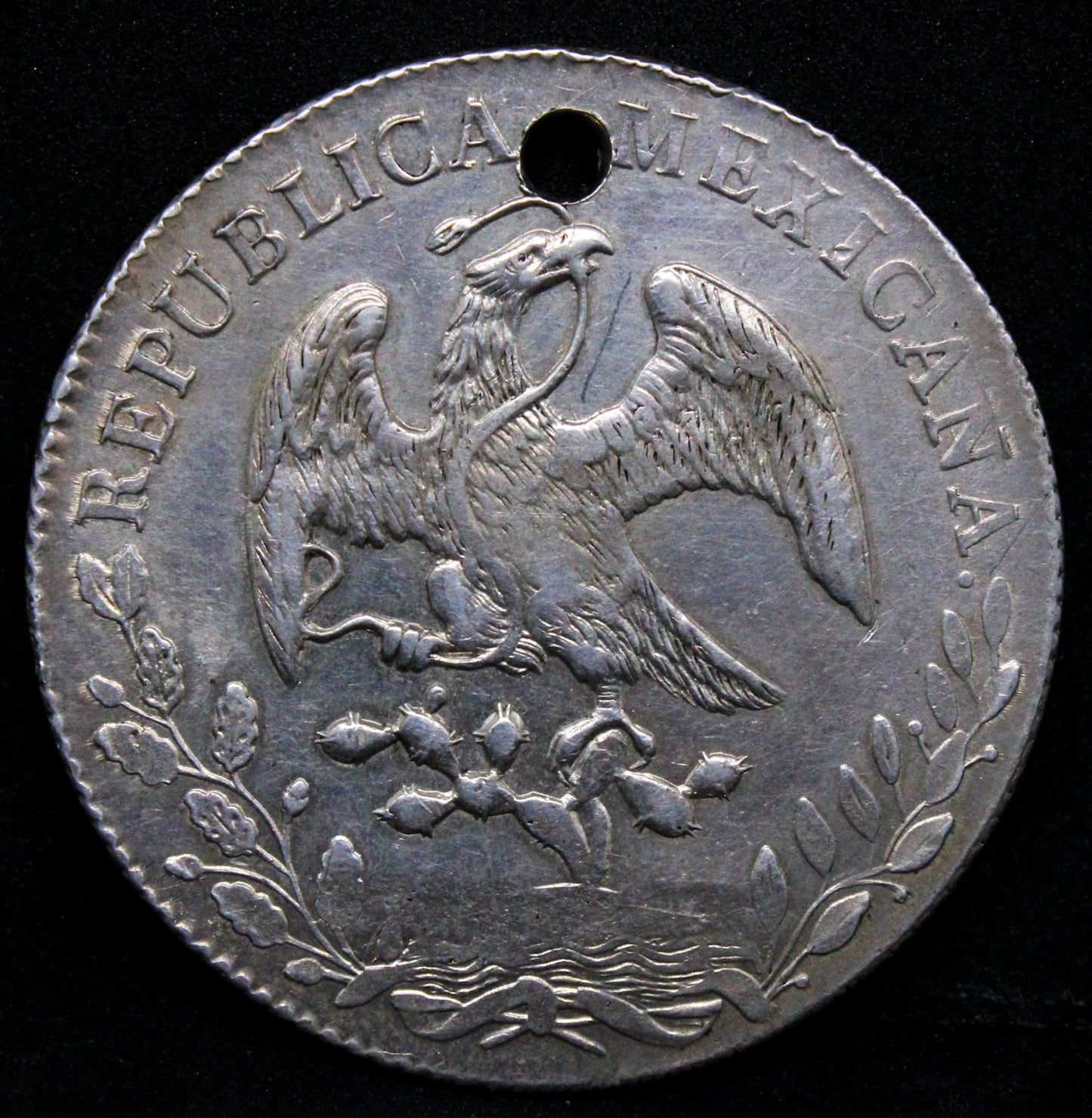 1883 8 Reales Zs-Js. Mexico Silvr. Holed and Marked "F.W.Leonard"