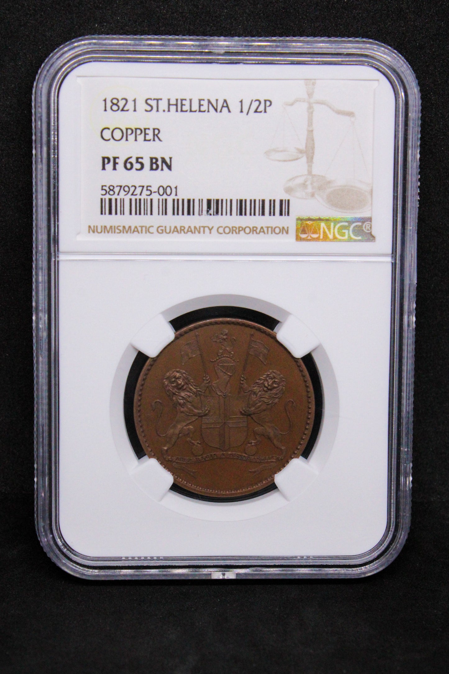 1821 proof 1/2 penny St Helena. KM-A4. NGC Graded PF65 BN(origional proof not restrike)
