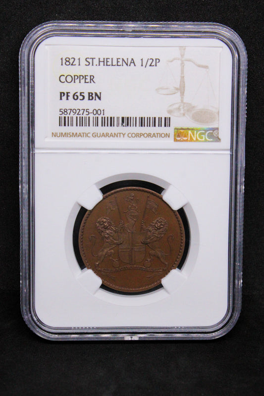 1821 proof 1/2 penny St Helena. KM-A4. NGC Graded PF65 BN(origional proof not restrike)