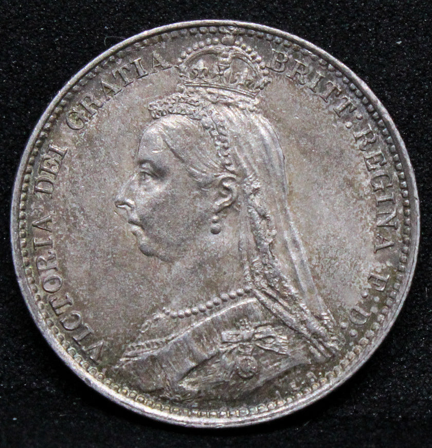 1887 jubilee six pence wreath, Queen Victoria. S.3929. BU