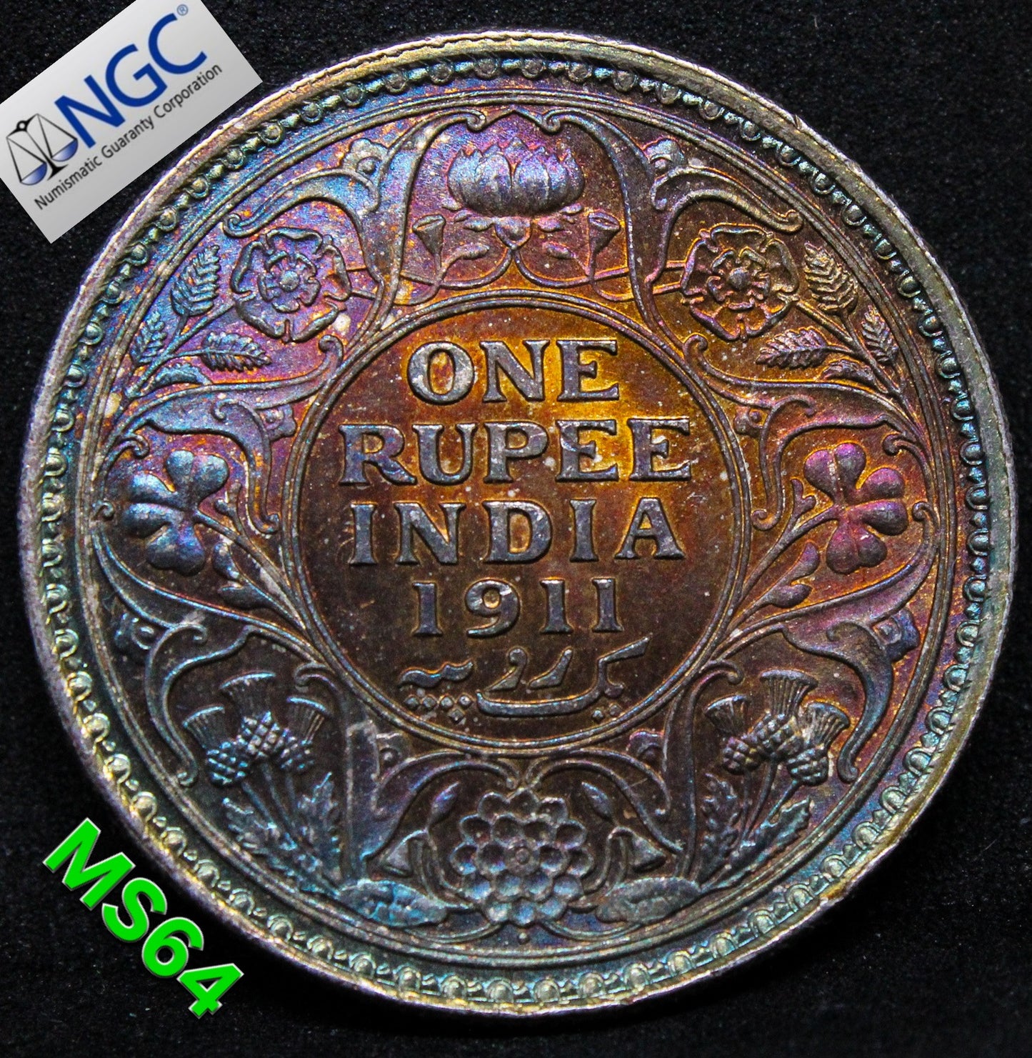1911(B) BRITISH-INDIA RUPEE , George V .NGC MS 64
