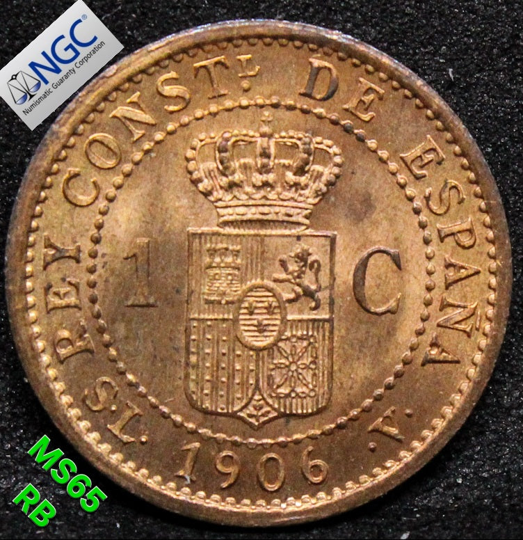 1906(6) SLV SPAIN 1 CENTIMO .NGC MS 65 RB TOP POP