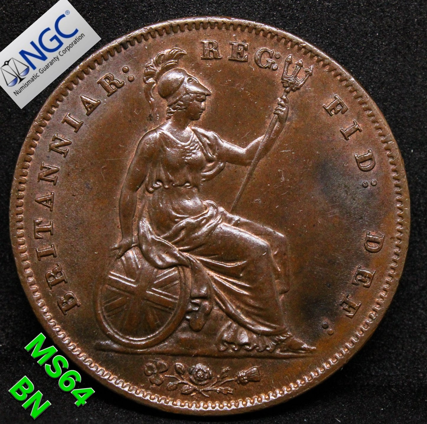 1858 PENNY. GREAT BRITAIN, QUEEN VICTORIA, PENNY .NGC MS 64 BN