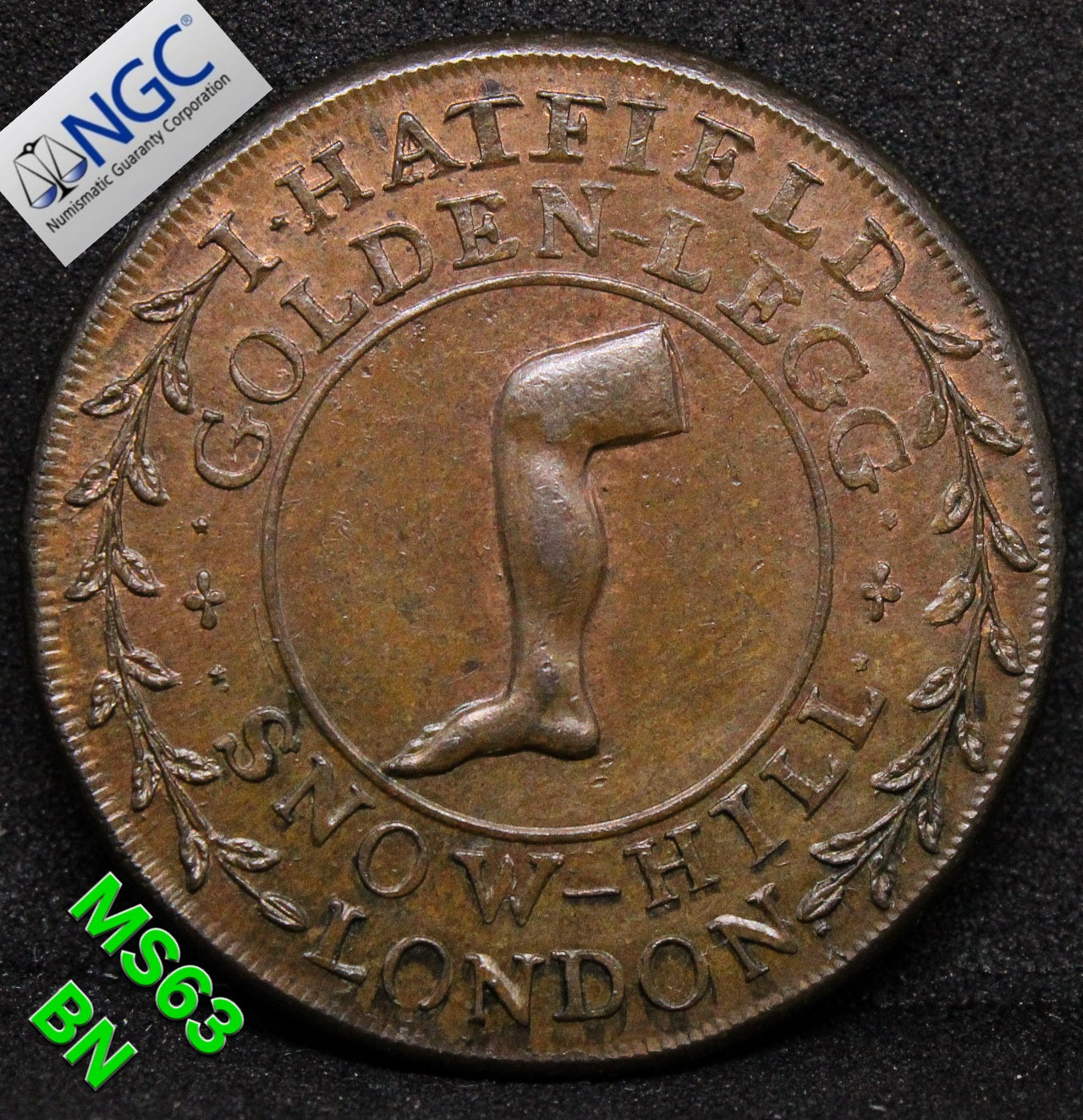 1795 G.BRIT D&H-323 1/2 PENNY MIDDLESEX - HATFIELD'S E: PLAIN TOKEN .NGC MS 63 BN