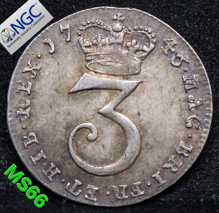1746/5 G.BRITAIN 3 PENNY MAUNDY George II.NGC MS 66