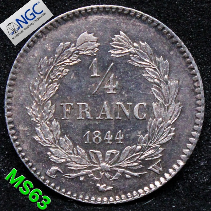1844-W FRANCE 1/4 FRANC .NGC MS 63, sole graded, top pop