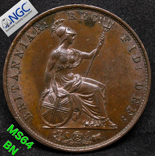 1852 G.BRITAIN 1/2 PENNY Queen Victoria .NGC MS 64 BN, top pop