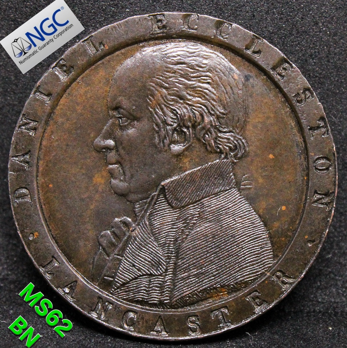 1794 G.BRIT D&H-57 1/2 PENNY LANCASHIRE - LANCASTER E: PAYABLE.IN.LANCASTER . TOKEN .NGC MS 62 BN