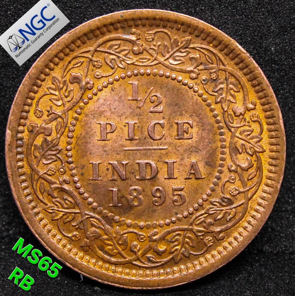 1895 (C) INDIA 1/2 PICE .NG.C MS 65 RB SOLD..