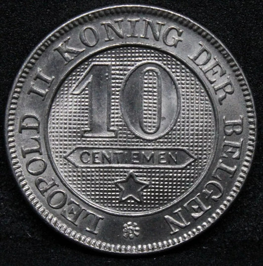 10 Centimes 1898 Belgium Léopold II Dutch text. KM-43 BU