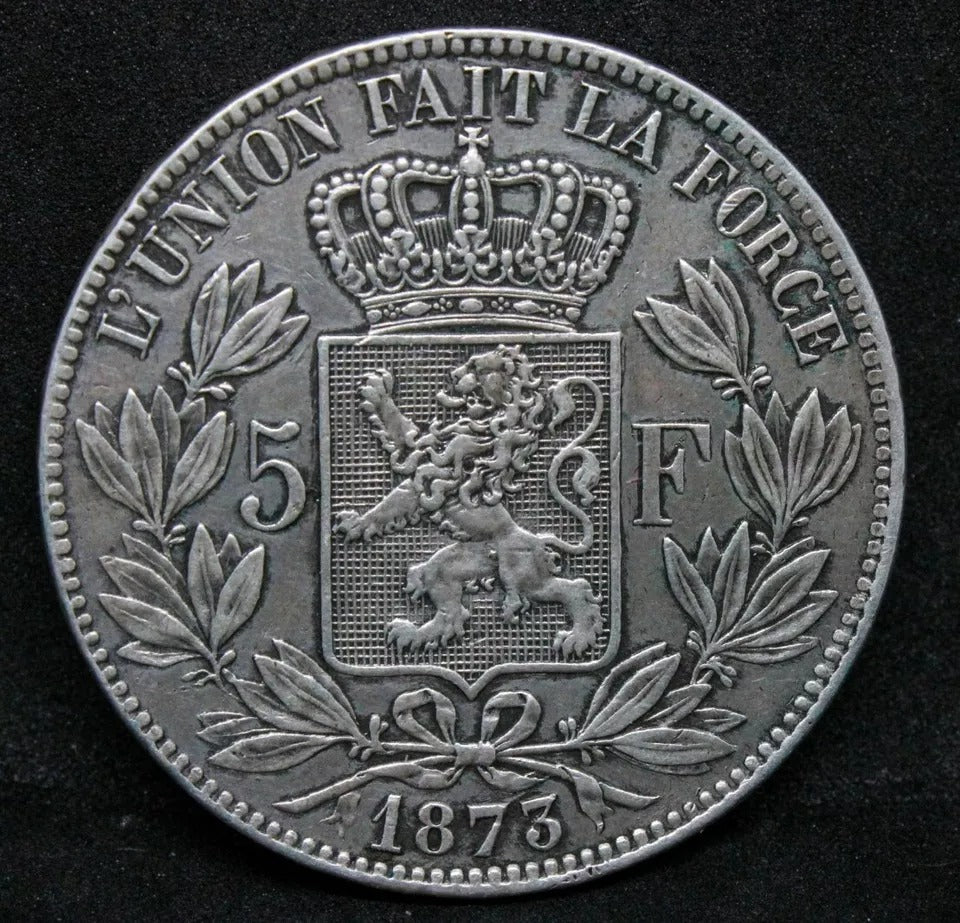 5 Francs, 1873. Belgium King Leopold II. KM-24 Crown 25g