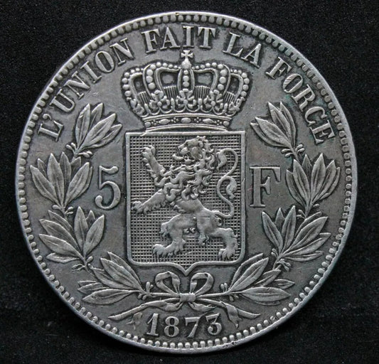 5 Francs, 1873. Belgium King Leopold II. KM-24 Crown 25g