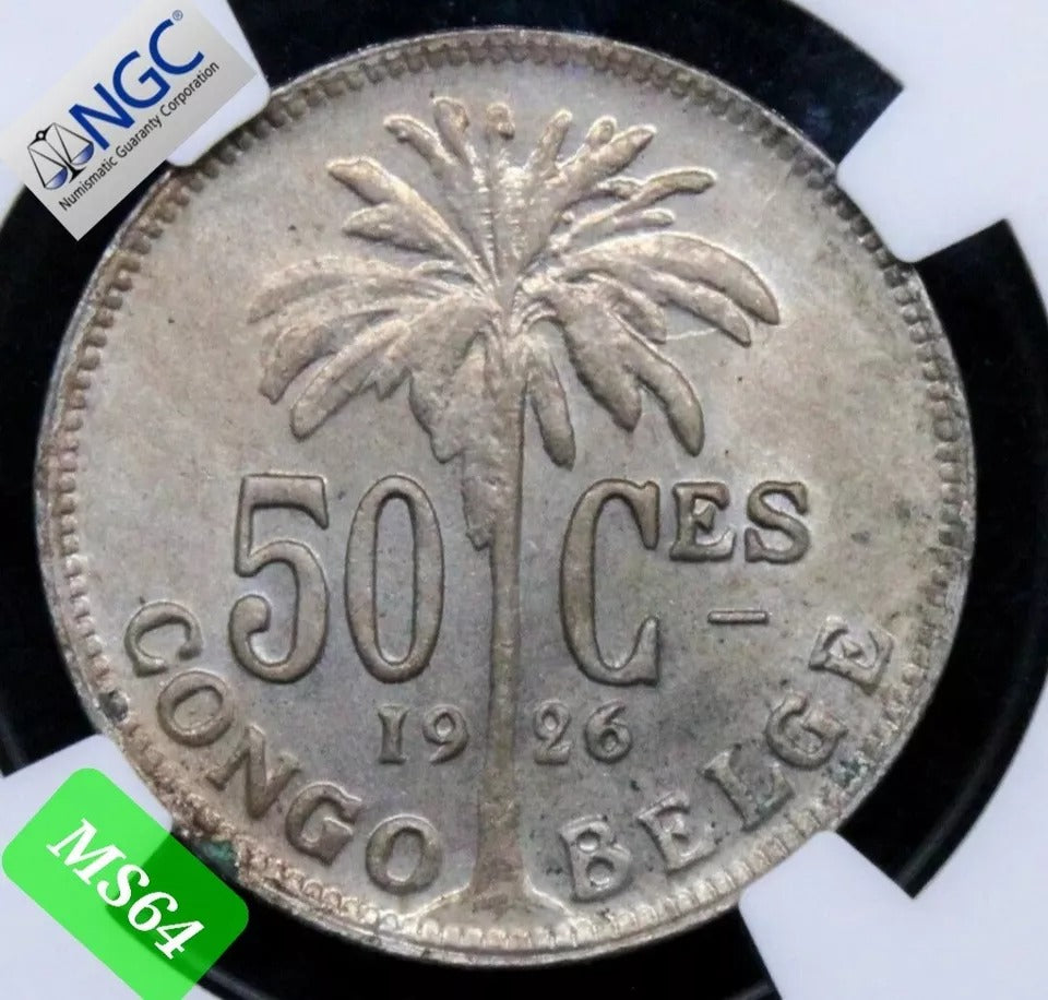 1926 50 Centimes Belgian Congo French Legends NGC MS64 Top Pop