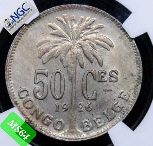 1926 50 Centimes Belgian Congo French Legends NGC MS64 Top Pop