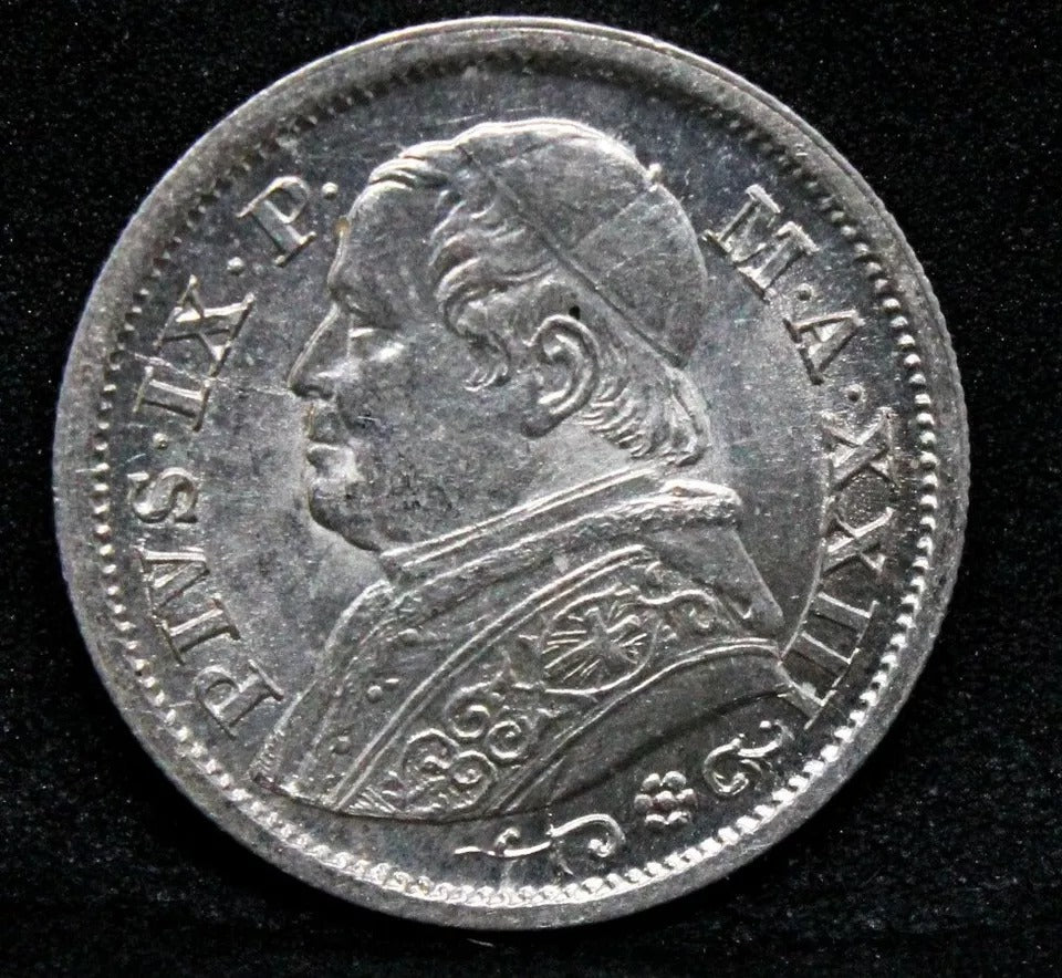 1868-R 10 Soldi, Pope Pius IX, Papal States. KM-1376. UNC SOLD..