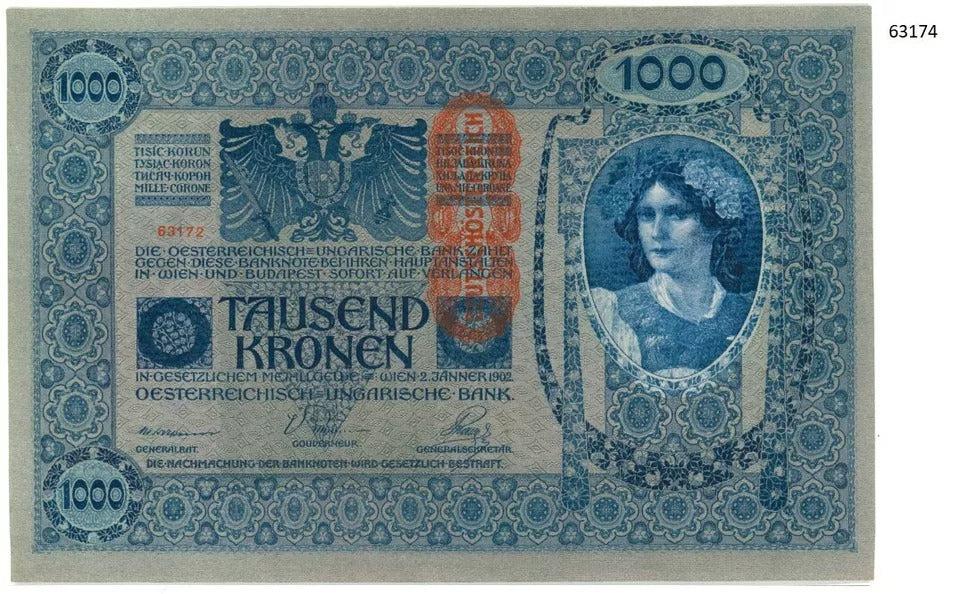 2 consecutive 1000 Kronen, Austria, 1902(1919) Pick 59. EPQ no tears/folds