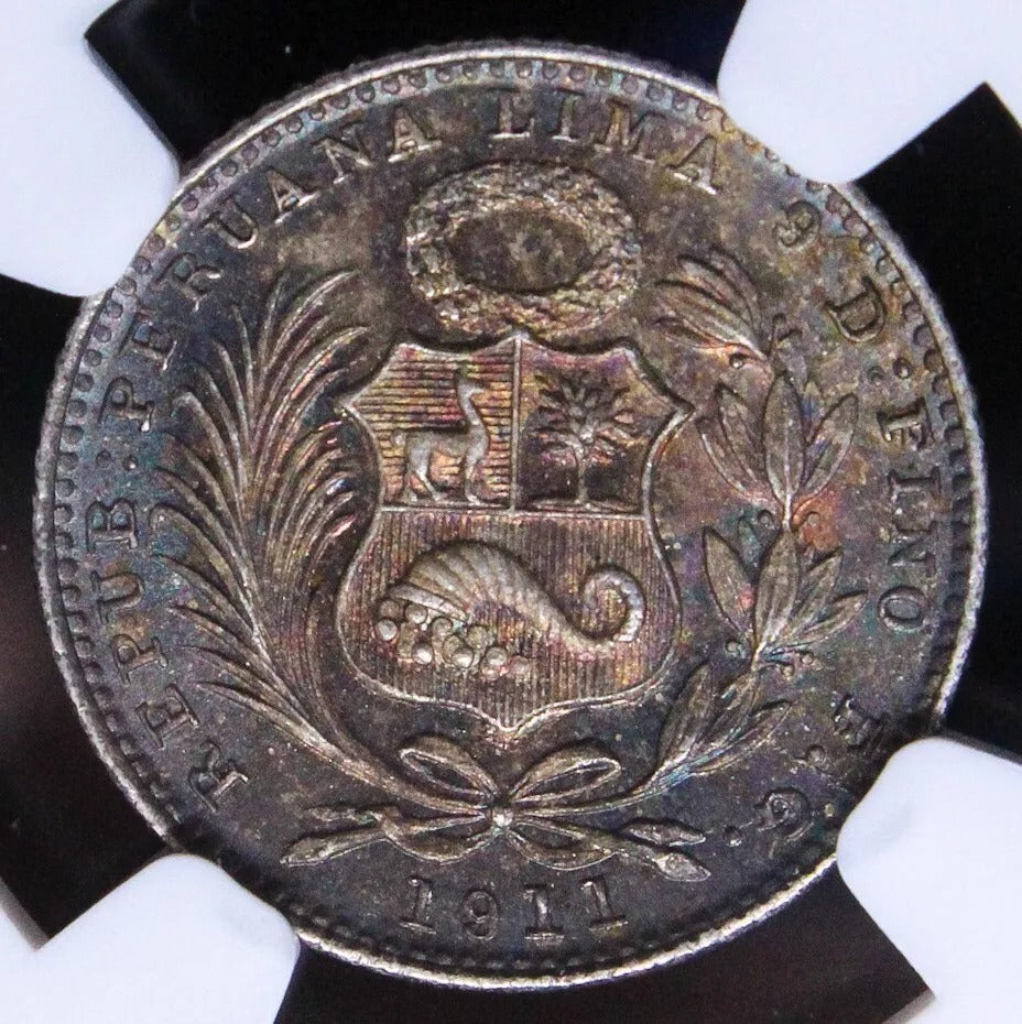 1911 FG/JF Dinero. Peru Silver Coin. KM-204.2 UNC NG MS65