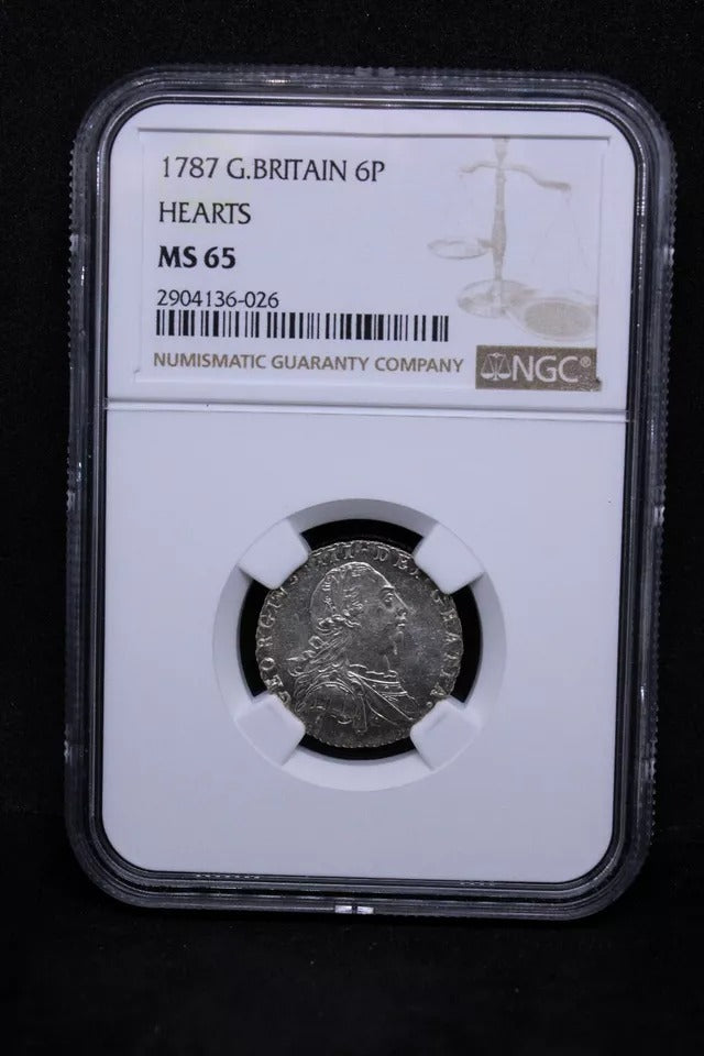 1787 six pence George III, With semée of hearts S.3749. BU NG.C MS65 SOLD..