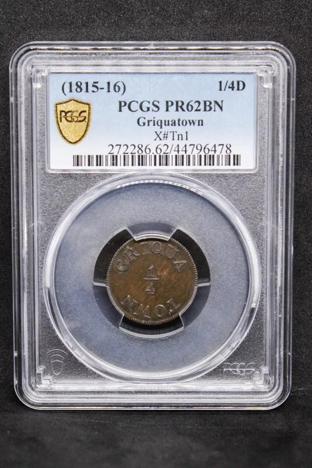 Griquatown copper 1/4 "Penny" (1815-16) ND, KM-X-Tn1, Hern-GT4 PCGS PF62BN South Africa,TOP Pop