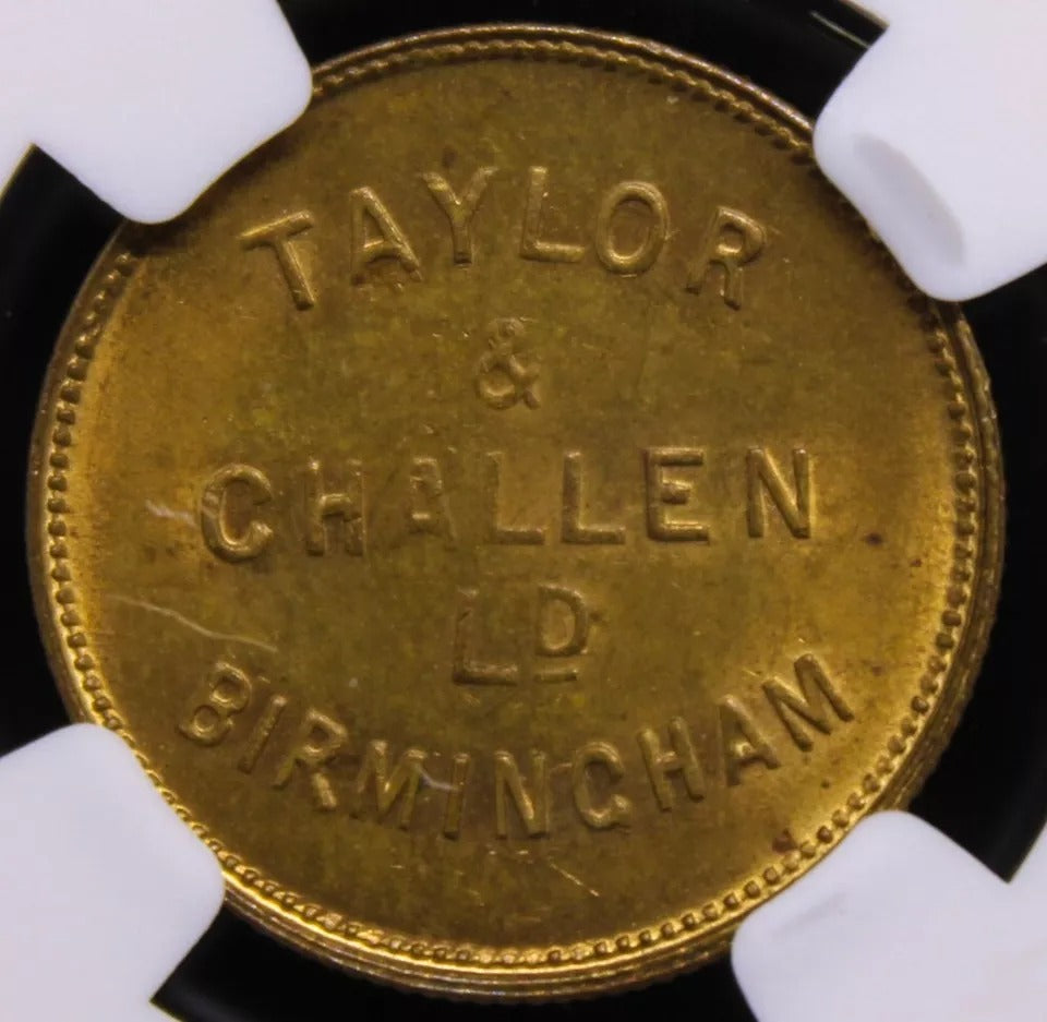 Taylor & Challen Advertising Token 19.5mm. Late 19thC Coin Press NGC MS64 top p