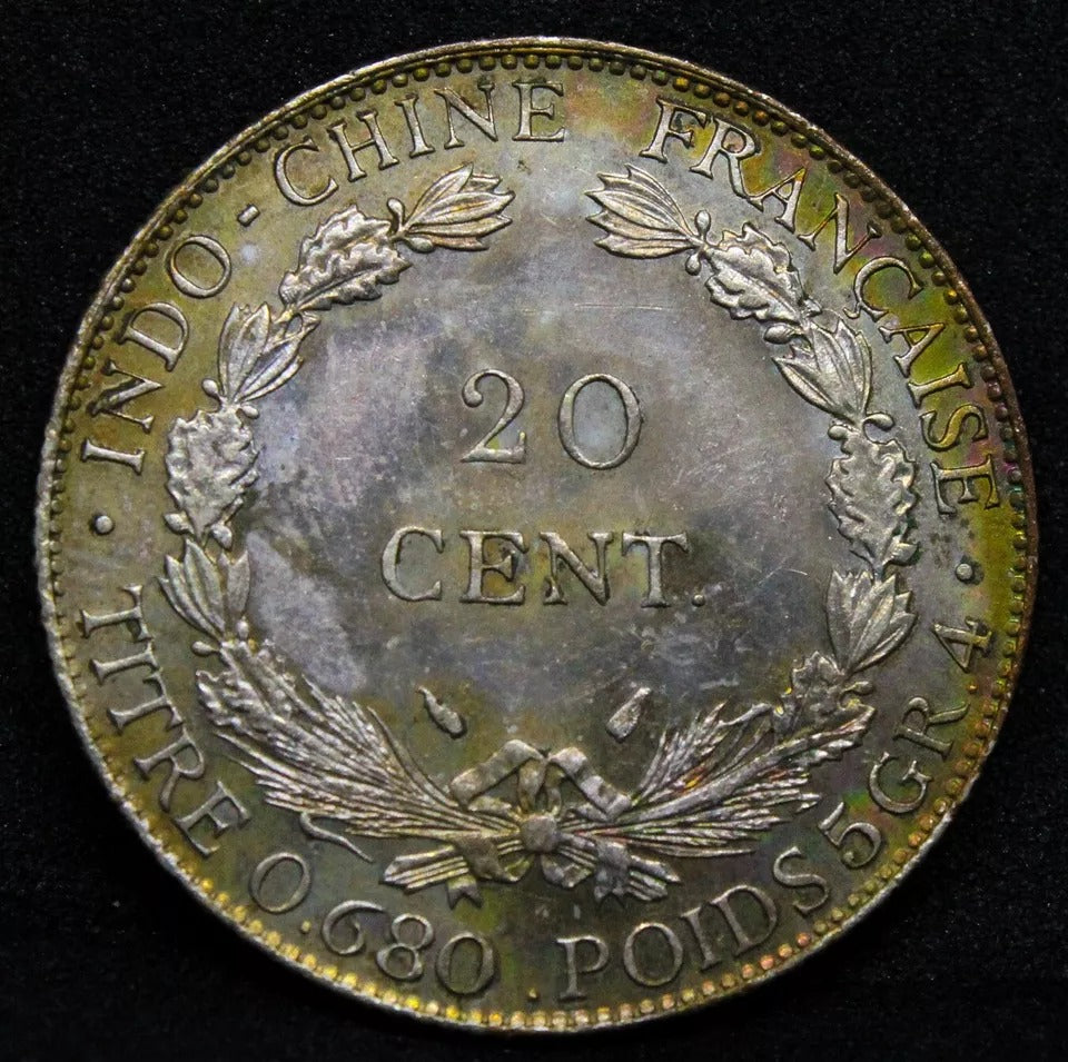 20 cents 1937, French Indo China. KM 17.2 UNC+colour