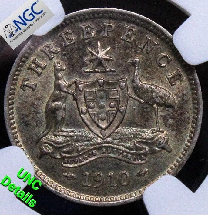 1910 3 Pence, Australia Silver Coin. King Edward Vii. BU NGC UNC KM-18