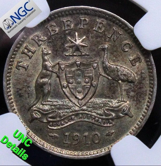 1910 3 Pence, Australia Silver Coin. King Edward Vii. BU NGC UNC KM-18