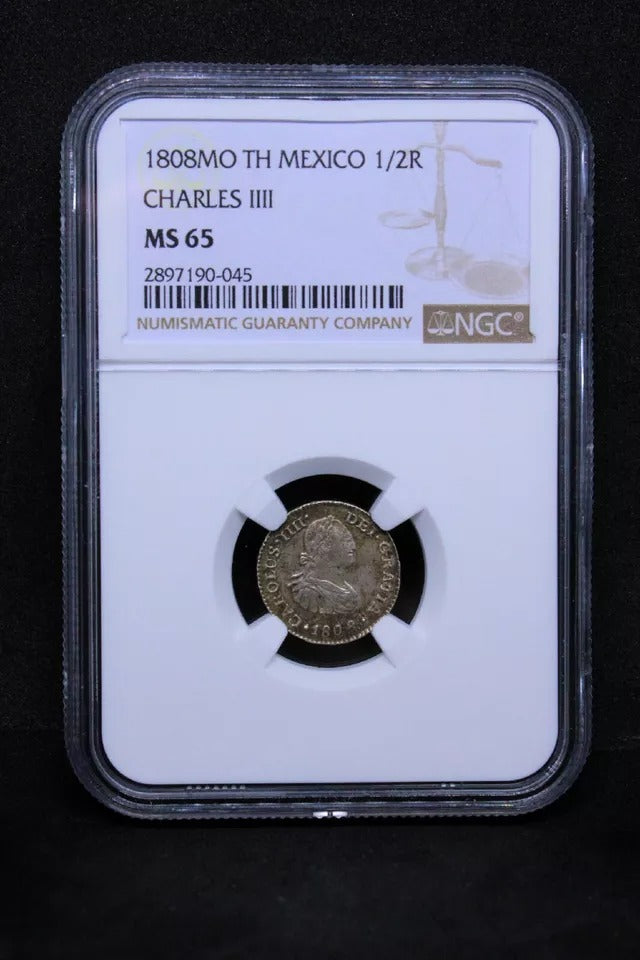 1/2 real 1808 Mo-Th. Mexico, Charles IV. KM-72. NGC MS65. Top Pop #2