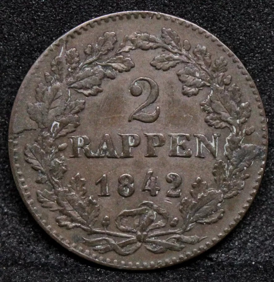 2 Rappen 1842, Switzerland Zurich Canton. KM-195 aUNC