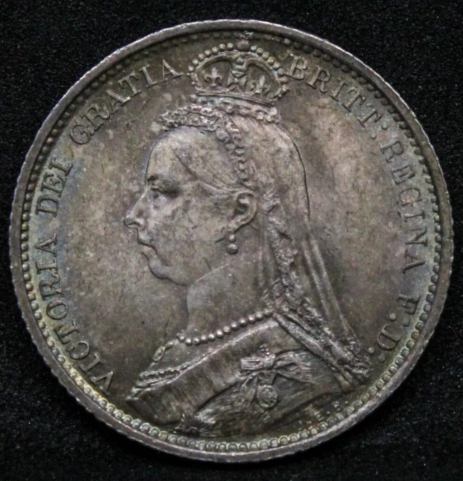 1887 withdrawn 6 pence six pence Victoria UNC. Rainbow Toning in the fields