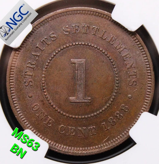 1 cent 1888 Strait.s settlements, Queen Victoria. KM-16 NG.C MS63 SOLD..