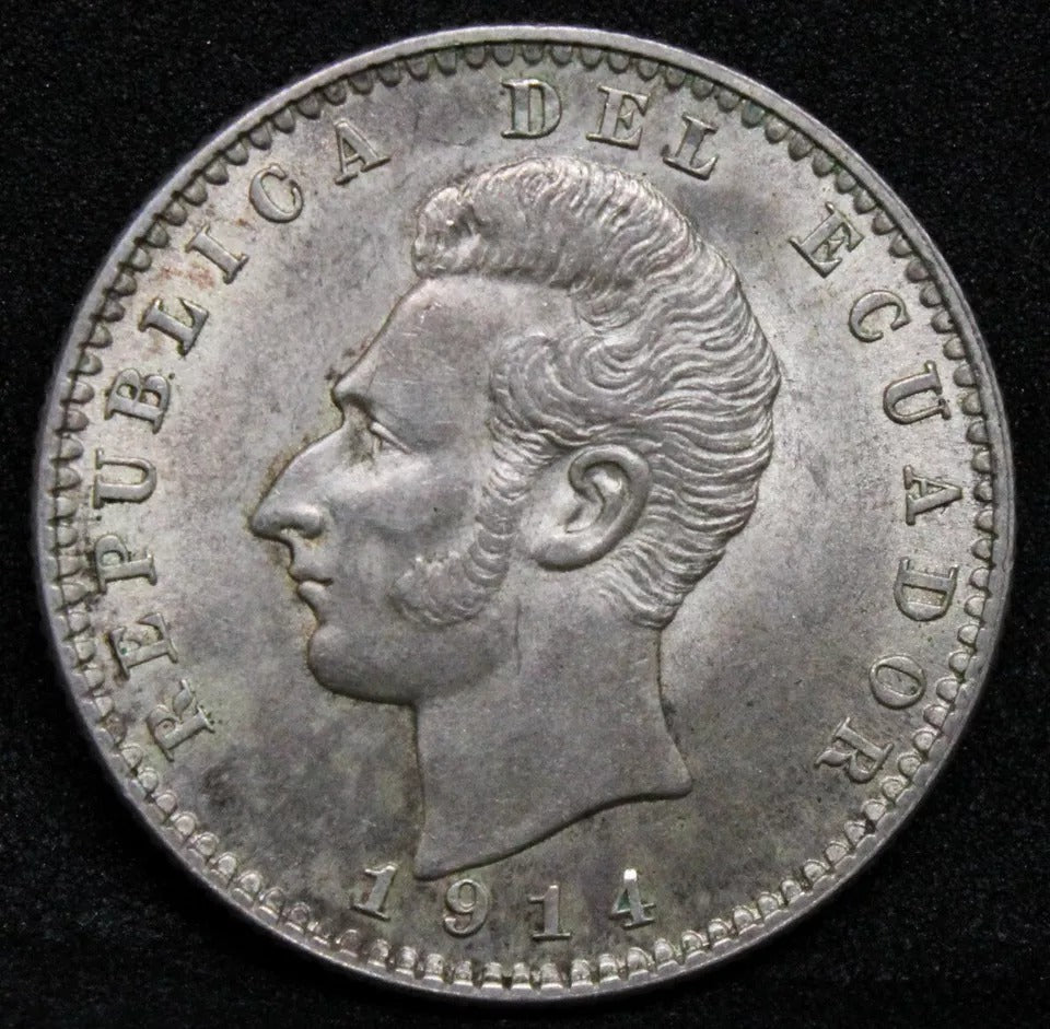 2 Décimos 1914 TF (Phillidalphia) Ecuador Silver coin. KM-51.4 UNC
