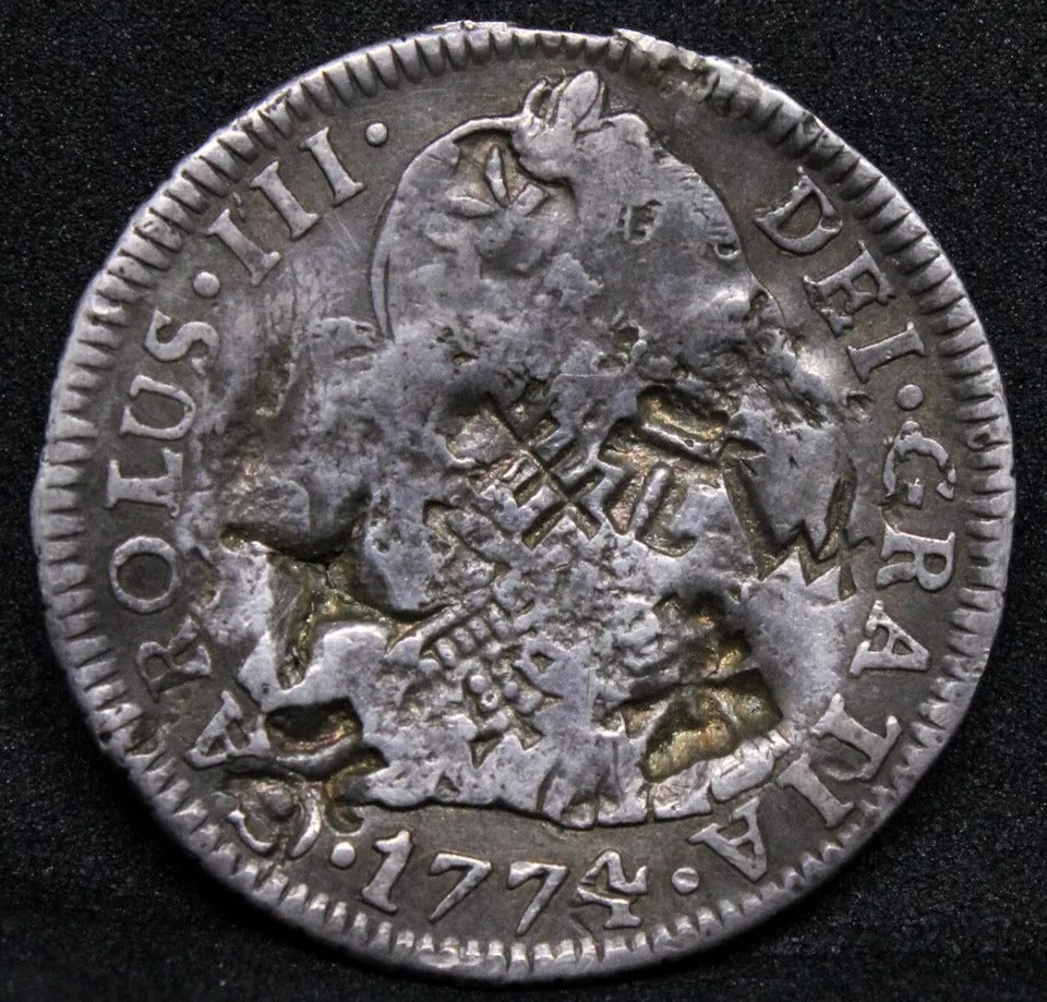 2 Reales 1774, Bolivia PTS-JR Charles III. KM-53 Chinese Chopmarks