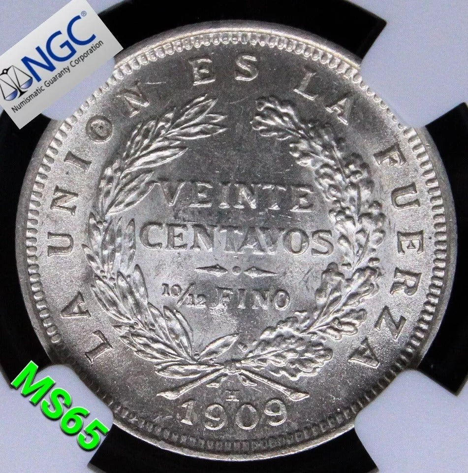 20 Centavos, 1909-H, Bolivia. KM-176. UNC NGC MS65