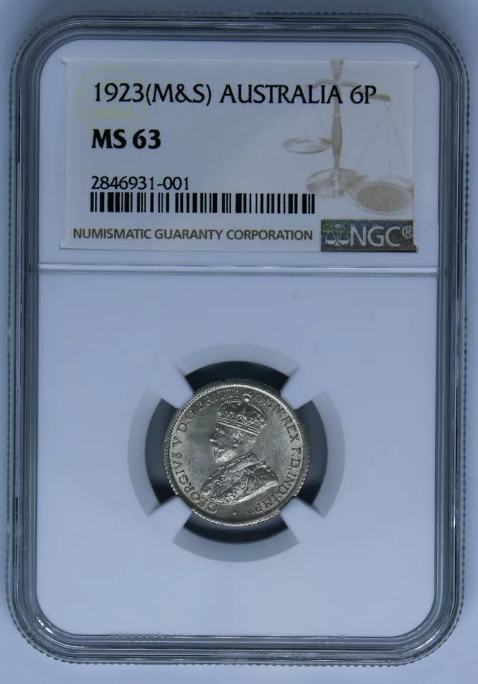 1923(S+M) Australia 6 pence, NGC MS63. King George V. Rare date in high grade