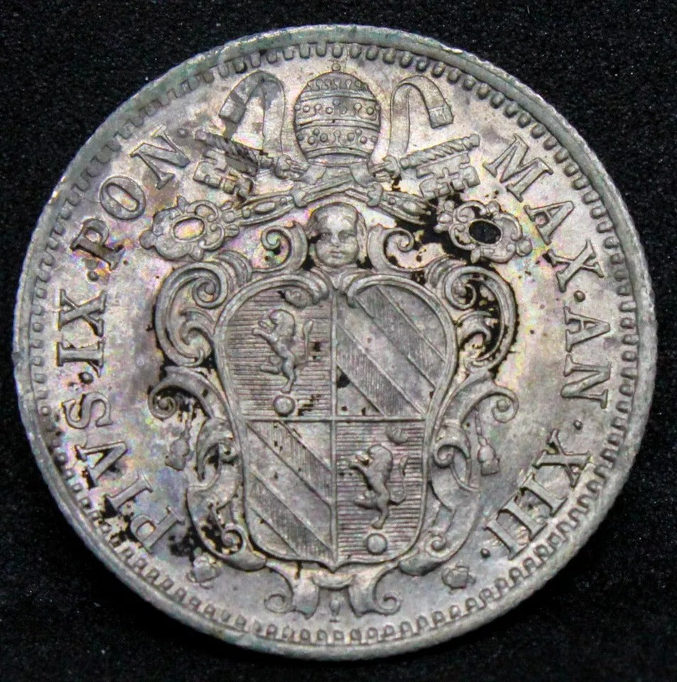 10 Baiocchi 1858, Pope Pius IX. Papal States. KM-1342b. aUNC