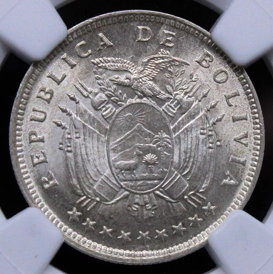 20 Centavos, 1909-H, Bolivia. KM-176. UNC NGC MS65