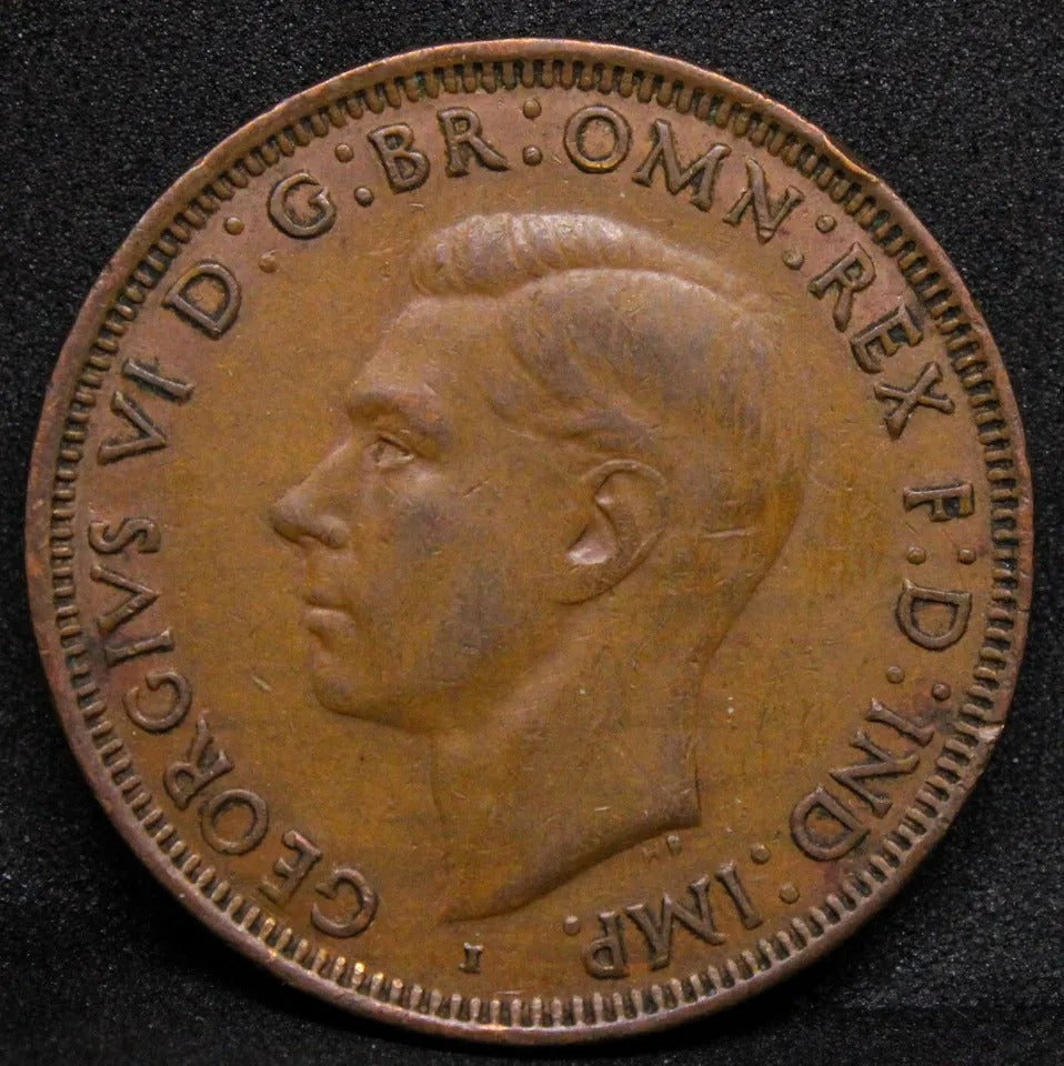1943 australia penny. George VI. ERROR Lamenation peel. KM-36