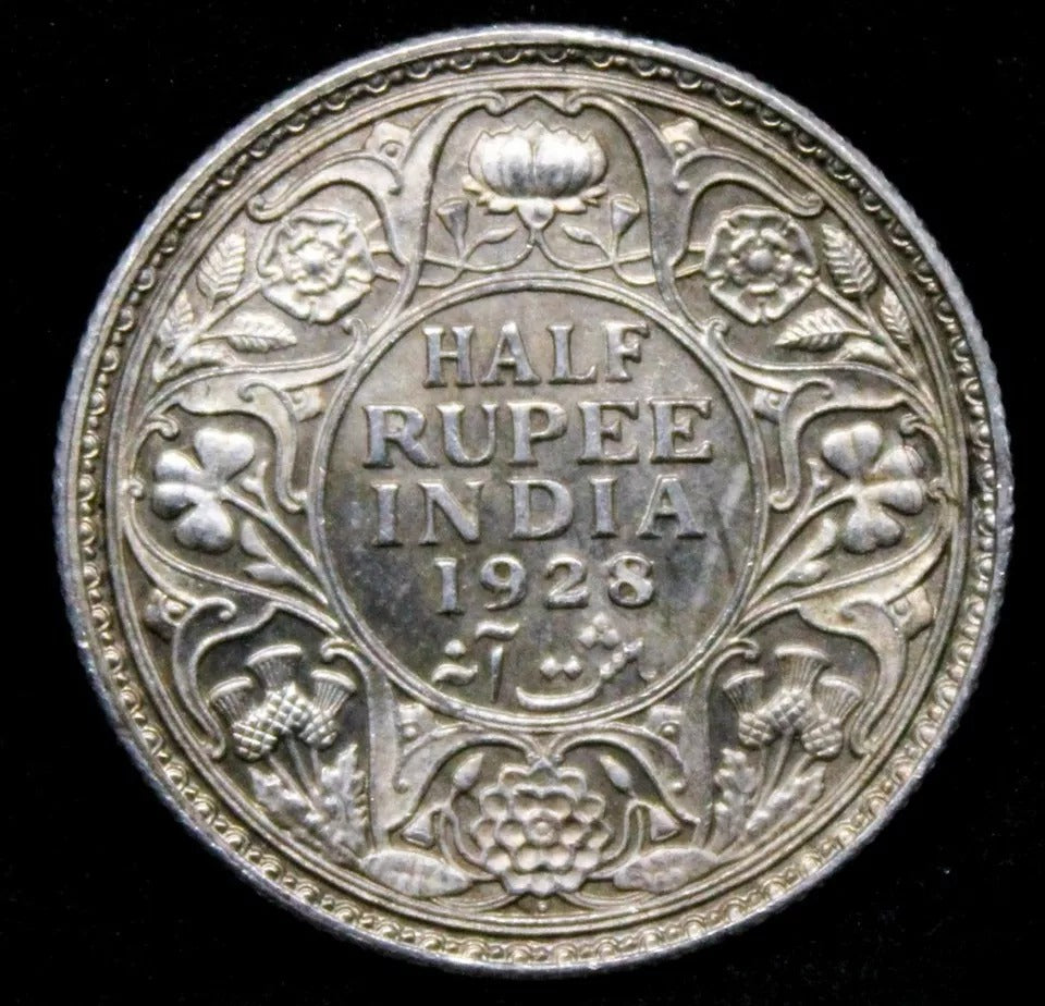 1928-B 1/2 Rupee British-India UNC, Semi Cameo portrait KM-522