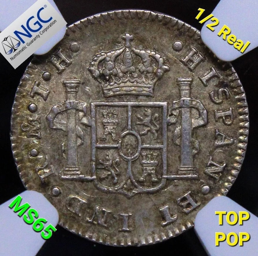1/2 real 1808 Mo-Th. Mexico, Charles IV. KM-72. NGC MS65. Top Pop #2