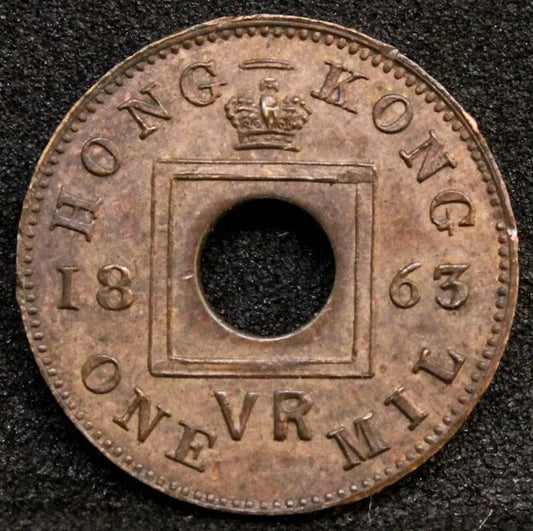 1 Mil, 1863 British Hong Kong. Queen Victoria. Km-1 UNC+SOME LUSTRE