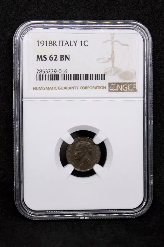 1918-R Italy 1 Centisme, Vittorio Emanuele III. UNC NGC MS62, Key Date Rare km40