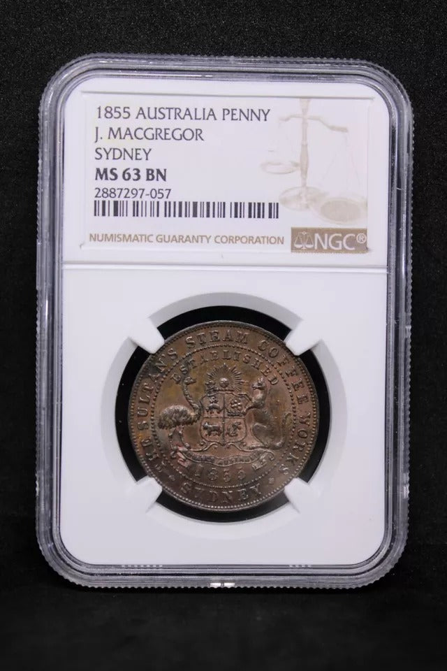 1 Penny 1855. Australia Token, J. Macgregor Sydney KM Tn152 NGC MS63 BN