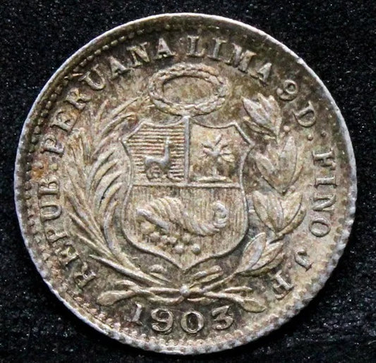 1903/803 1/2 Dinero. Peru Silver Coin. KM-206.2 UNC