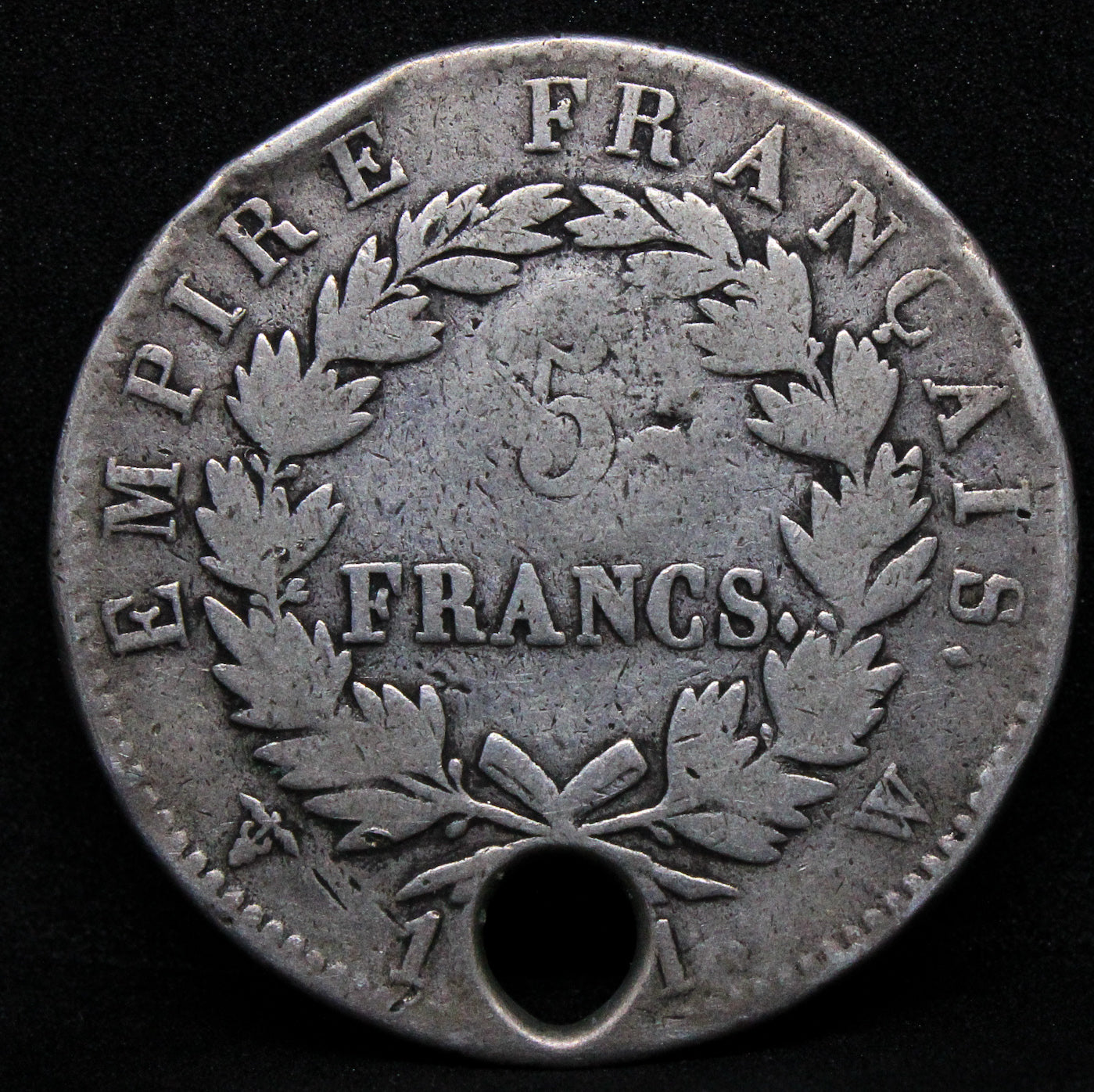 1811? Napoleon French/France 5 Francs, Lis Counterstamp from Puerto Rico . Holed SOLD..