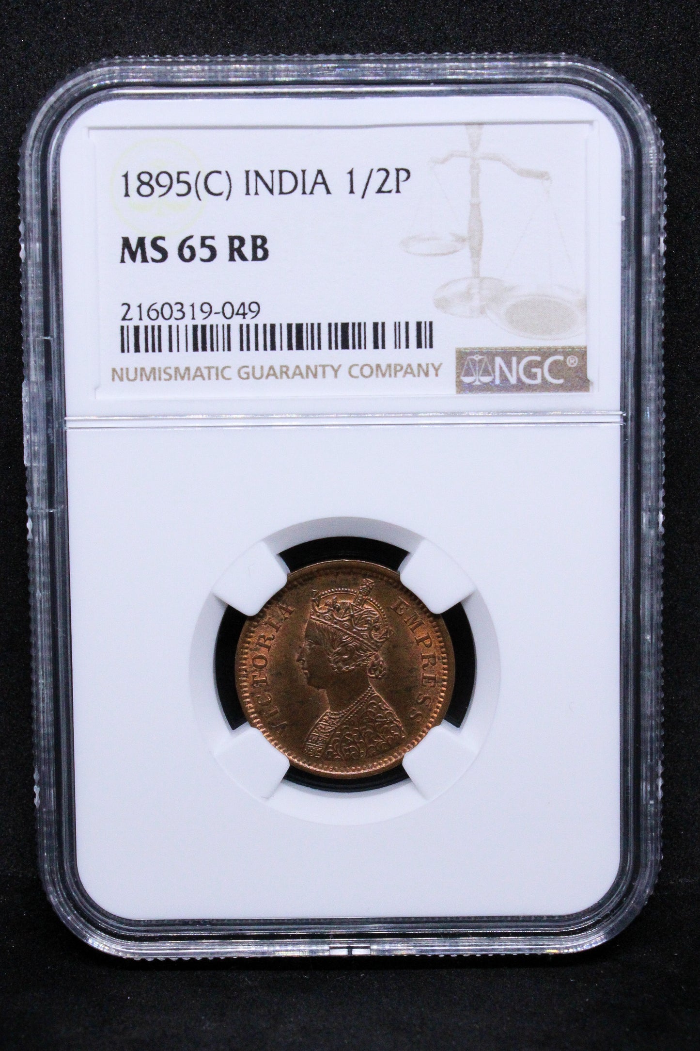 1895 (C) INDIA 1/2 PICE .NG.C MS 65 RB SOLD..