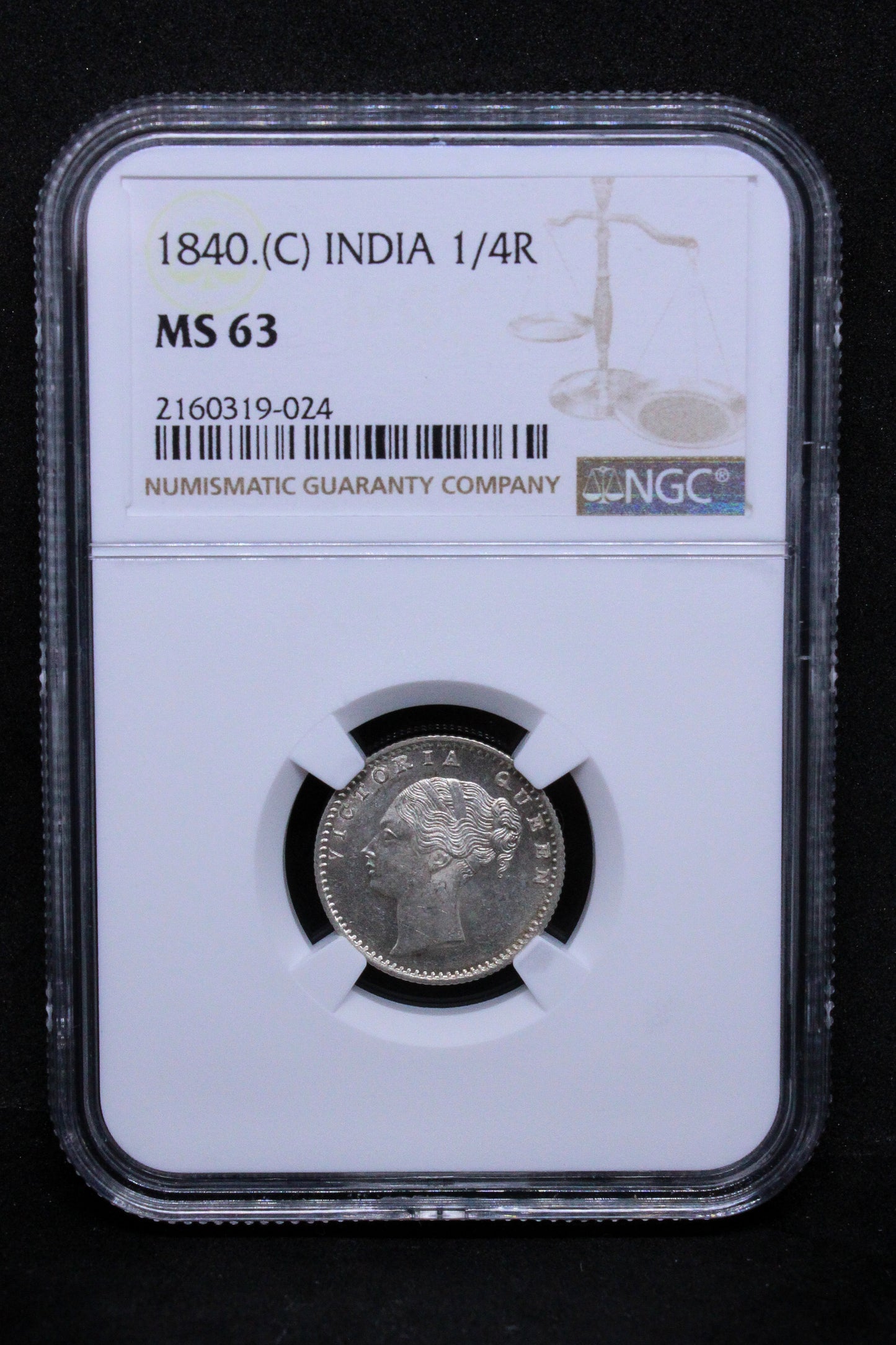 1840.(C) British- INDIA 1/4 RUPEE, Queen Victoria .NGC MS 63