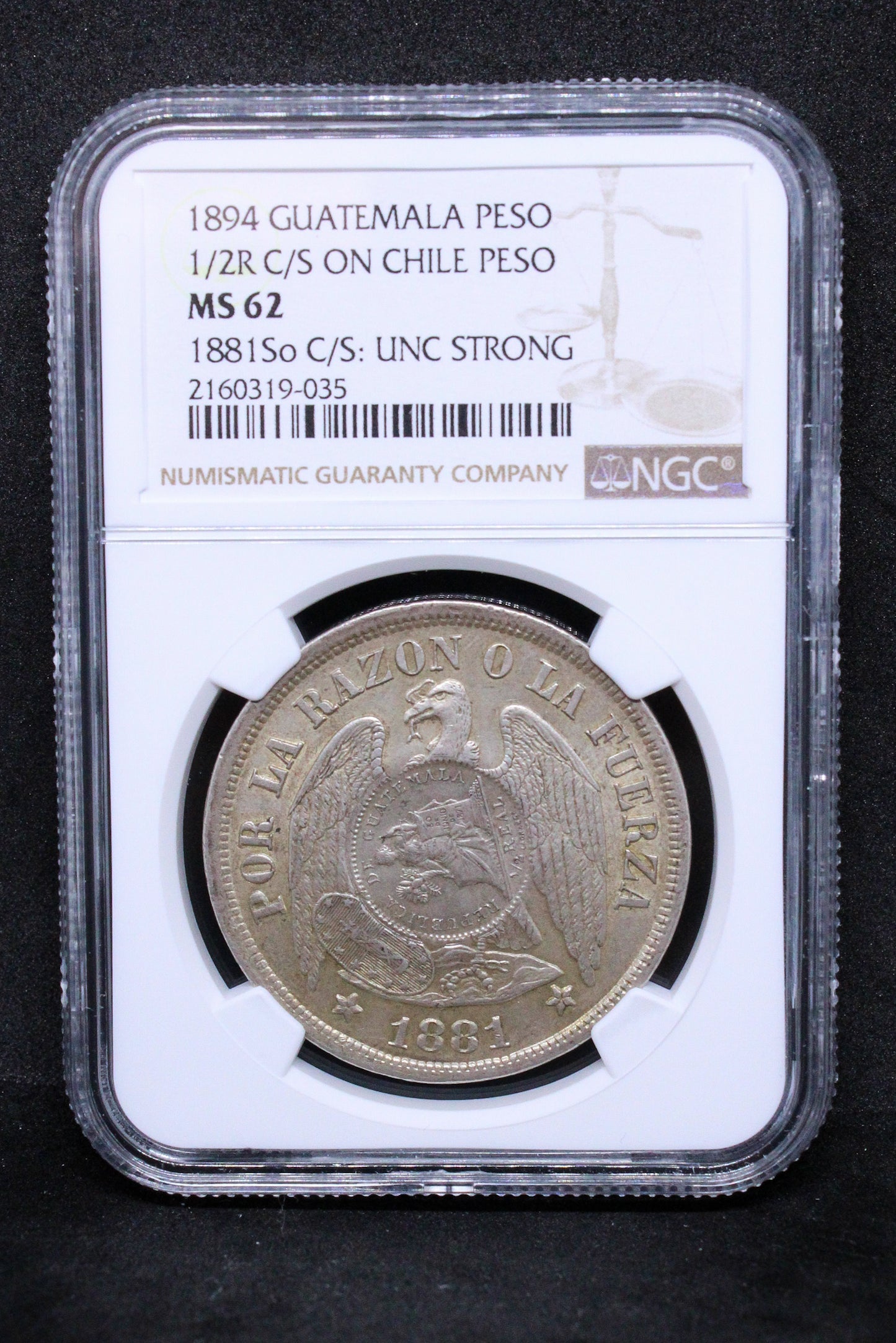 1894 GUATEMALA PESO 1/2 REAL C/S ON CHILE PESO. COUNTERMARK/COUNTERSTRIKE .NGC MS 62